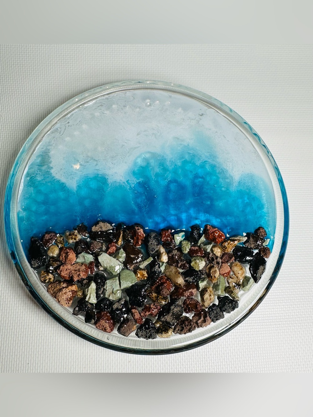 Hand Crafted Resin Blue Ocean Trinket Dish with Natural Stone Accents